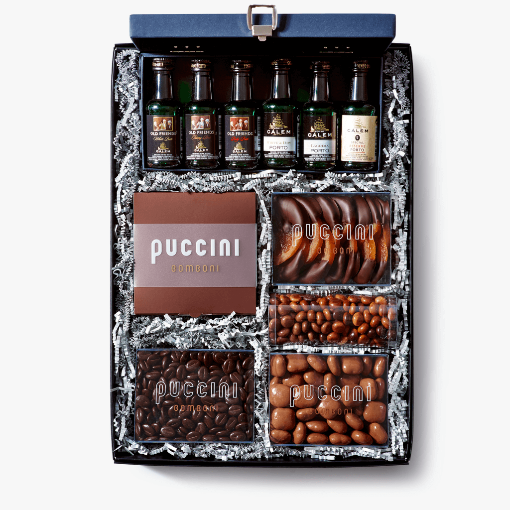 La Boheme luxury gift box with orange slices, chocolate almonds, mini Port bottles and more